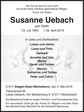Traueranzeige von Susanne Uebach von Siegener Zeitung