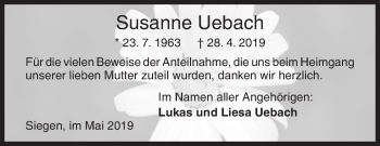 Traueranzeige von Susanne Uebach von Siegener Zeitung