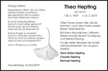 Traueranzeige von Thea Hepting von Siegener Zeitung