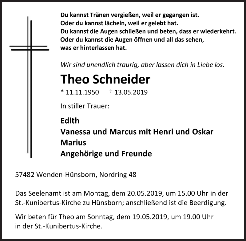  Traueranzeige für Theo Schneider vom 16.05.2019 aus Siegener Zeitung