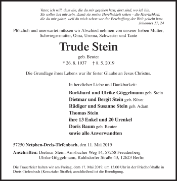 Traueranzeige von Trude Stein von Siegener Zeitung