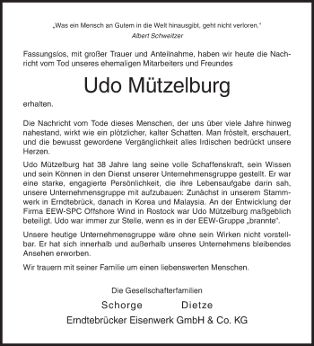Traueranzeige von Udo Mützelburg von Siegener Zeitung