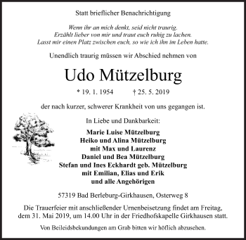 Traueranzeige von Udo Mützelburg von Siegener Zeitung