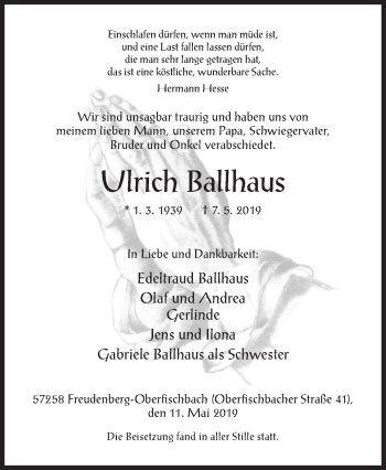 Traueranzeige von Ulrich Ballhaus von Siegener Zeitung