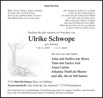 Traueranzeige von Ulrike Schwope von Siegener Zeitung