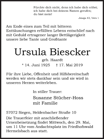 Traueranzeige von Ursula Biescker von Siegener Zeitung