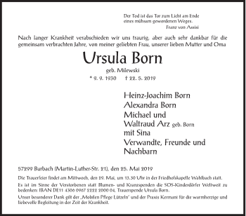 Traueranzeige von Ursula Born von Siegener Zeitung