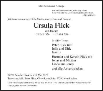 Traueranzeige von Ursula Flick von Siegener Zeitung