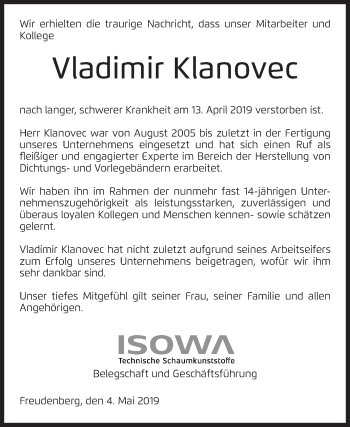 Traueranzeige von Vladimir Kanovec von Siegener Zeitung