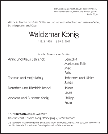 Traueranzeige von Waldemar König von Siegener Zeitung