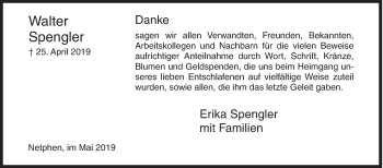 Traueranzeige von Walter Spengler von Siegener Zeitung