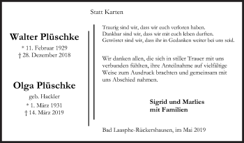 Traueranzeige von Walter und Olga Plüschke von Siegener Zeitung