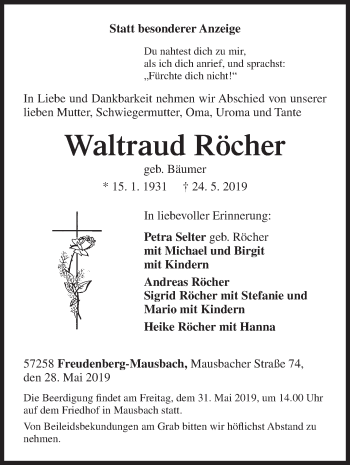 Traueranzeige von Waltraud Röcher von Siegener Zeitung
