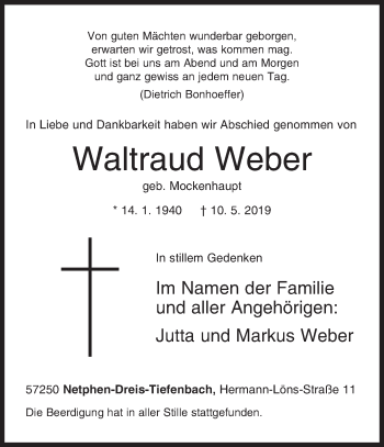 Traueranzeige von Waltraud Weber von Siegener Zeitung