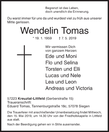 Traueranzeige von Wendelin Tomas von Siegener Zeitung
