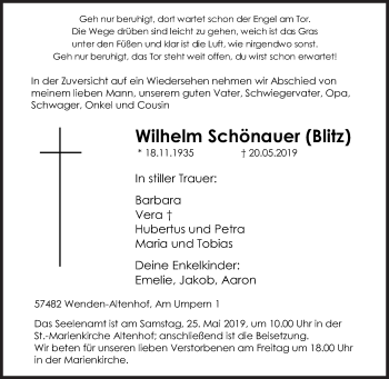 Traueranzeige von Wilhelm Schönauer von Siegener Zeitung