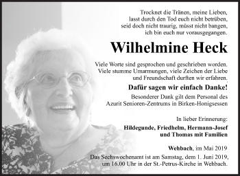Traueranzeige von Wilhelmine Heck von Siegener Zeitung