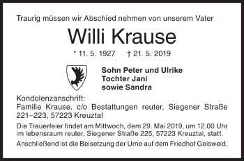 Traueranzeige von Willi Krause von Siegener Zeitung