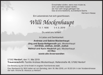 Traueranzeige von Willi Mockenhaupt von Siegener Zeitung