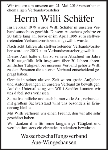 Traueranzeige von Willi Schäfer von Siegener Zeitung