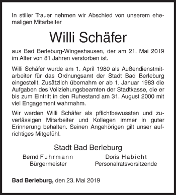 Traueranzeige von Willi Schäfer von Siegener Zeitung