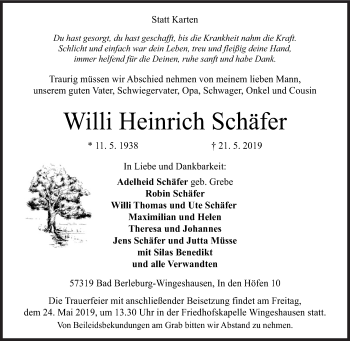 Traueranzeige von Willi Heinrich Schäfer von Siegener Zeitung