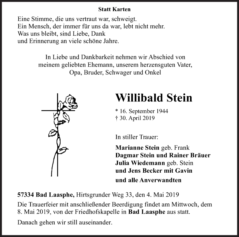  Traueranzeige für Willibald Stein vom 04.05.2019 aus Siegener Zeitung