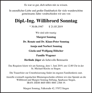 Traueranzeige von Willibrord Sonntag von Siegener Zeitung