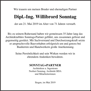 Traueranzeige von Willibrord Sonntag von Siegener Zeitung