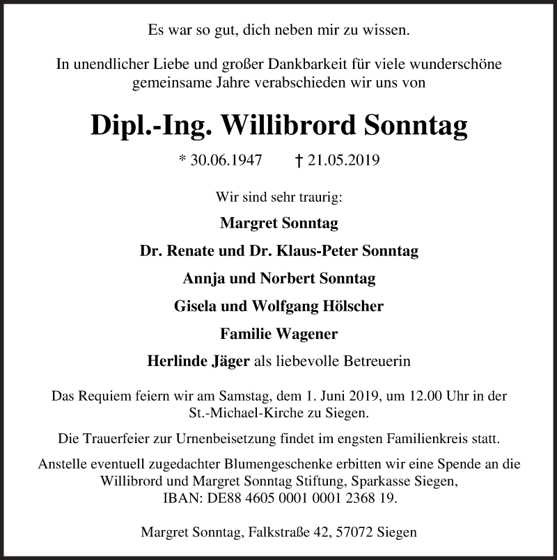  Traueranzeige für Willibrord Sonntag vom 25.05.2019 aus Siegener Zeitung