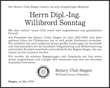 Traueranzeige von Willibrord Sonntag von Siegener Zeitung