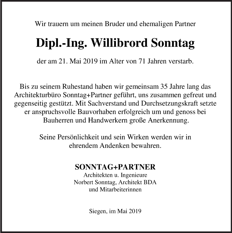  Traueranzeige für Willibrord Sonntag vom 25.05.2019 aus Siegener Zeitung