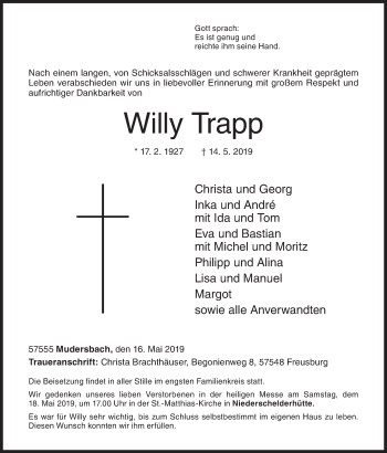 Traueranzeige von Willy Trapp von Siegener Zeitung