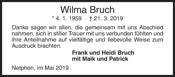 Traueranzeige von Wilma Bruch von Siegener Zeitung