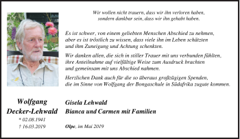 Traueranzeige von Wolfgang Decker-Lehwald von Siegener Zeitung