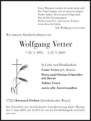 Traueranzeige von Wolfgang Vetter von Siegener Zeitung