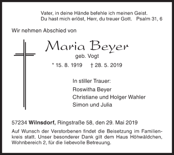 Traueranzeige von maria Beyer von Siegener Zeitung