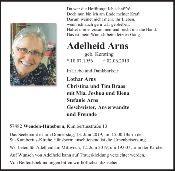 Traueranzeige von Adelheid Arns von Siegener Zeitung