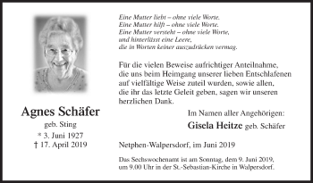 Traueranzeige von Agnes Schäfer von Siegener Zeitung
