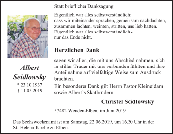 Traueranzeige von Albert Seidlowsky von Siegener Zeitung