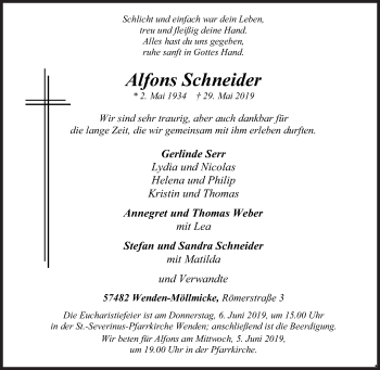 Traueranzeige von Alfons Schneider von Siegener Zeitung
