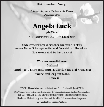 Traueranzeige von Angela Lück von Siegener Zeitung