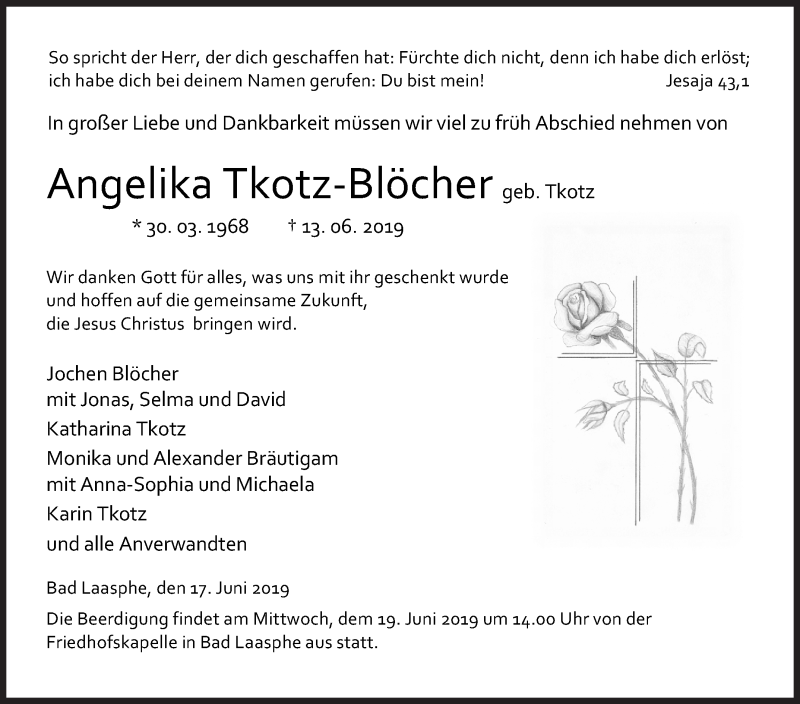  Traueranzeige für Angelika Tkotz-Blöcher vom 17.06.2019 aus Siegener Zeitung