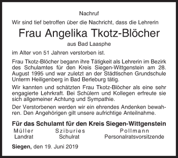 Traueranzeige von Angelika Tkotz-Blöcher von Siegener Zeitung