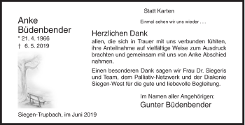 Traueranzeige von Anke Büdenbender von Siegener Zeitung