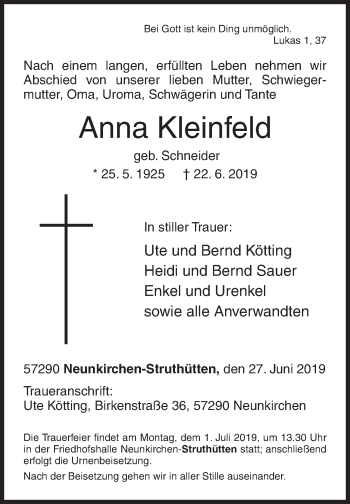 Traueranzeige von Anna Kleinfeld von Siegener Zeitung