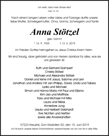 Traueranzeige von Anna Stötzel von Siegener Zeitung