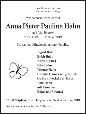 Traueranzeige von Anna Pieter Paulina Hahn von Siegener Zeitung