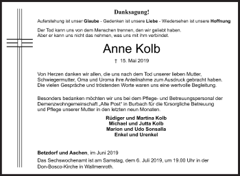 Traueranzeige von Anne Kolb von Siegener Zeitung
