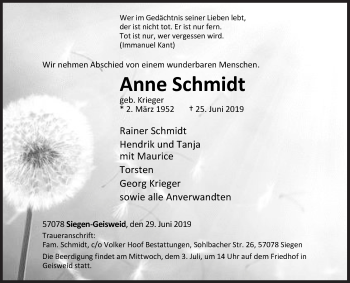 Traueranzeige von Anne Schmidt von Siegener Zeitung